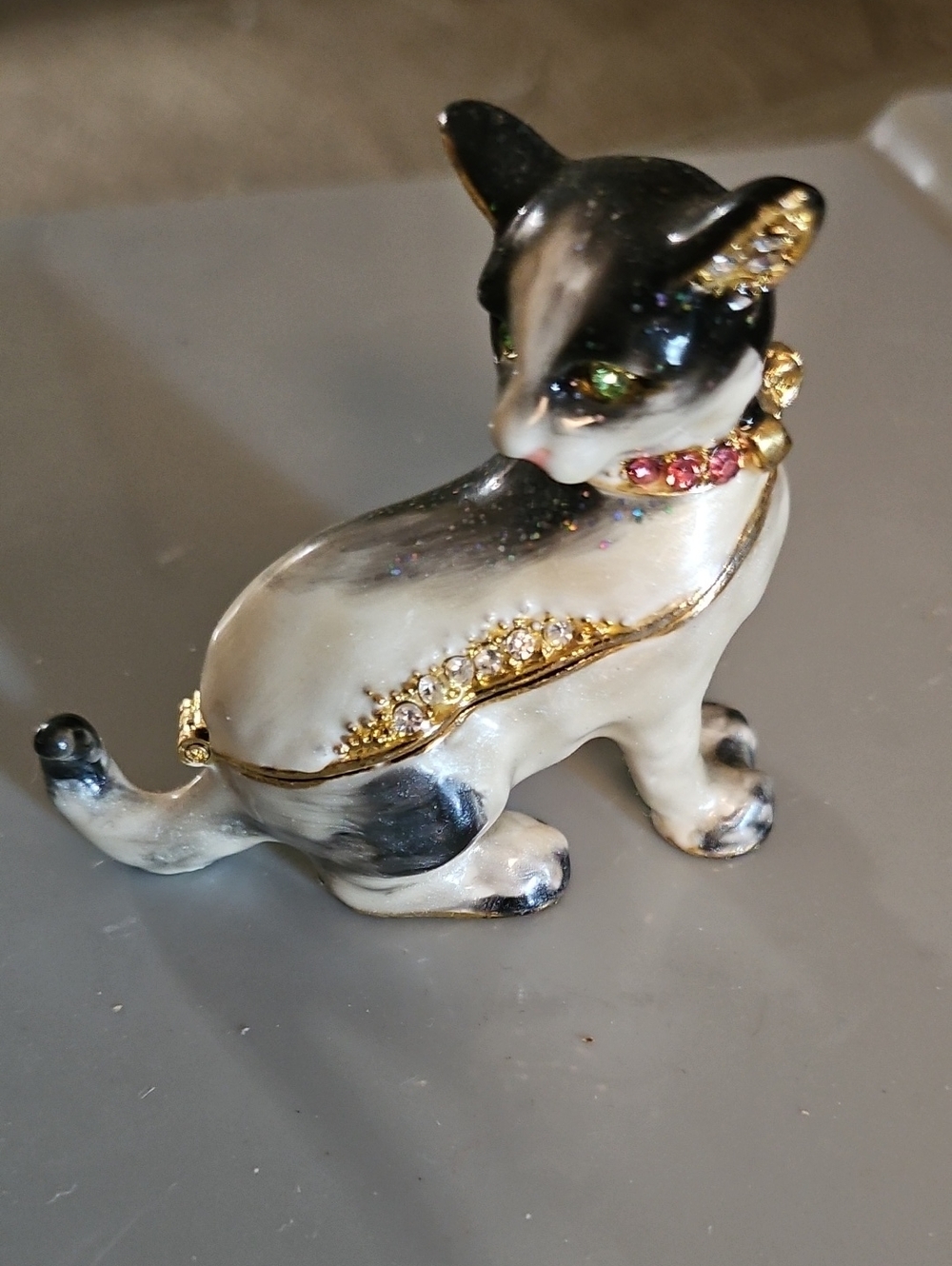 Black & White Jeweled Cat Trinket Box with Gold Accents